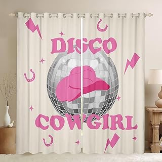 Feelyou Western Decor 30%-50% Blackout Curtains (2 Panels, 42 x 63 Inch) Wild West Cowgirl Cowboy Curtains for Bedroom Disco Ball Hat Rodeo Cowboy Style Darkening Drapes Pink Window Treatments