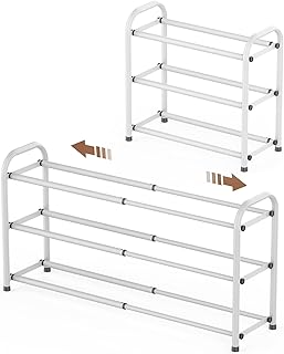 رف احذية قابل للتوسيع من 3 طبقات، منظم تخزين احذية قابل للتعديل، رف احذية معدني شديد التحمل قائم بذاته للمدخل والخزانة والمدخل (ابيض)