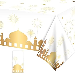 مفرش طاولة بتصميم عبارة «Eid Ramadan Mubarak»، مفرش طاولة لحفلات العيد ورمضان والعيد ورمضان، غطاء طاولة بلاستيكي مستطيل للاستعمال مرة واحدة لتزيين رمضان ومستلزمات الحفلات الاسلامية (130 × 220 سم)