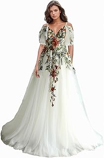 Embroidery Wedding Dress for Bride A Line Long Tulle Boho Could Shoulder Sleeves Lace Country Prom Party Gowns