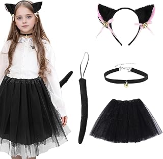 Lufdegim Pack of 4 Cat Costume, Cat Ears, Headband, Cat Tail, Bell Collar, Black Tutu, Kitten Costume, Cats Cosplay, Cat Costume for Carnival, Halloween, Cosplay Party, black, Einheitsgröße