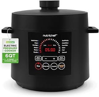 NutriChef Electric Pressure Cooker 6 Quart Capacity | 9 Function Digital Countertop Pressure Cooker | Adjustable Time & Temperature | Cook, Bake, Steam, & Braise | 13.1 x 11.4 IN | Black