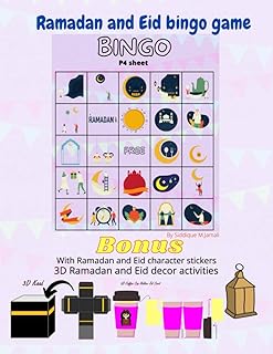 Ramadan and Eid Bingo Game: Includes Ramadan and Eid character sticker, 3D Ramadan and Eid decor activities like cut, fold, paste and glue. 3D KAABA, 3D Lantern, 3D coffee cup card.