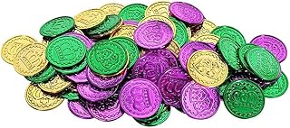 100PCS Mardi Gras Plastic Coins Set Assorted Purple Green Gold Coins for Mardi Gras Decorations Parade Party Favors for Kids St Patricks Day Crown Mask Theme Props Supplies Bulk