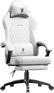 Dowinx Gaming Chair with Pocket Spring Cushion, Ergonomic Computer Chair with Massage Lumbar and Footrest for Adults, High Back Game Chair Leather for Office Gaming 300LBS, All White