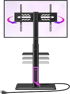حامل تلفزيون ارضي عالمي بمنفذ طاقة من جرينستل، لتلفزيون 32-70 بوصة، حامل طويل دوار مع رف ايه في، يتحمل وزن حتى 110 باوند، ارتفاع قابل للتعديل وقاعدة خشبية صلبة، وتوافق فيسا بحد اقصى 600×400 ملم، اسود