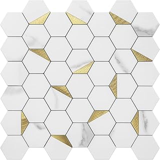 DICOFUN 3mm Hexagon Self Adhesive Wall Tiles, White Marble Mixed Gold Metal Chip Stick on Tile, Splashback Tile Stickers for Kitchen & Bathroom (10 Tiles)