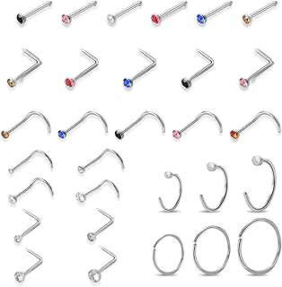 30pcs Nose Stud, Silver Nose Ring, Surgical Stainless Steel Nose Piercing Jewellery, L Shape Nose Stud with Cubic Zirconia for Women Men Gift (Multicolor)