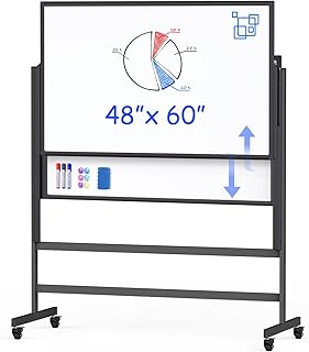 ماكستك سبورة بيضاء قابلة للمسح الجاف بارتفاع قابل للتعديل، لوح ابيض كبير قائم 48×60 انش، سبورة بيضاء مغناطيسية مزدوجة الجانب للمكتب والمنزل والفصول الدراسية، اسود