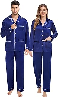 SWOMOG Couples Matching Pajamas Set Satin Long Sleeve Sleepwear Soft Button Down Pj Set Silk Loungewear