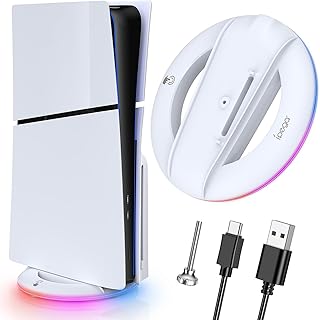 Auarte RGB Vertical Stand for PS5 Slim Disc ＆ Digital New Console, LED Light Base Stand for PS5 Slim Accessories with 14 Light Modes, PS5 Slim Holder Stand with Screw＆ USB Cable