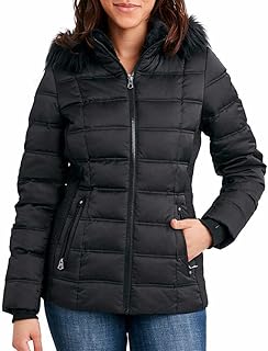 Womens Faux Fur Trim Hooded Midweight Puffer Jacket