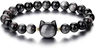 Cat Black Obsidian Bracele,Stretch Cat Stone Bead Bracelets Cool Good Luck Presents for Women Men Girls or Cat Lovers