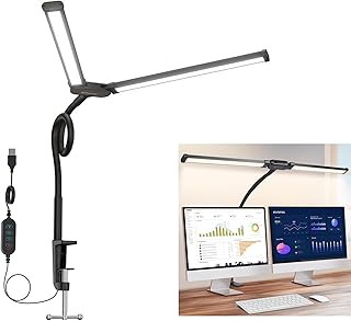 بولوز مصباح مكتب مزدوج الراس مع مشبك، شريط اضاءة شاشة 24 انش مع 3 الوان درجات حرارة قابلة للتعتيم للمكتب المنزلي، حماية العين، مصباح طاولة مكتب بعنق الاوزة للقراءة على الكمبيوتر