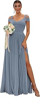 BEAUTFOR Women's Off The Shoulder Bridesmaid Dresses Long with Slit 2025 Pleated Chiffon Formal Party Dresses BF47