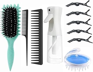 ABWXN Curl Hair Brush Set with Curls Defining Brush Without Pulling, Wide Tooth Comb, Tail Comb, Hair Spray Bottle, Scalp Massage Brush and Hair Clips, for Women Hair Styling