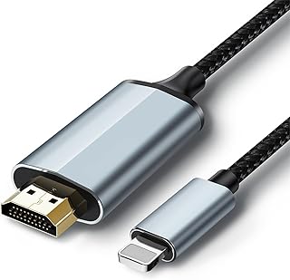 محول لايتنينج إلى HDMI كيبل لايفون التلفزيون متوافق مع ايفون 14 و13 و12 و11 ويوتيوب مخرج تلفزيون شاشة HD بدقة 1080 بكسل ومزامنة الفيديو والصوت فقط قم بالتوصيل والتشغيل 2 متر رمادي