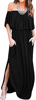 Womens Off The Shoulder Ruffle Party Dresses Side Split Beach Maxi Dress, 02 Black, XX-Large