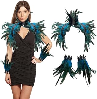 KASTWAVE Women' Natural Feather Shrug Cape Shawls with 2 Pack Feather Gloves Gothic Feather Cape Maleficent Costume for Cosplay, Green