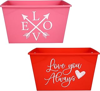 A1U Valentine's Day Rectangular Bins, Assorted Holiday Themed-Party Gift Favors Storage Organizer Holder Container Bucket Basket Pail Multi-Use Reusable Ornaments Decorations 2 ct. (12x8.5x7-in.)