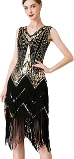 Great Gatsby 1920's Party Sequin Tassel Flapper Dress V Neck Vintage Beaded Evening Dress, Blackgold/M