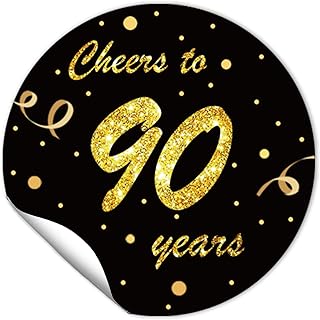 REWIDPARTY 1.5 Inch Round 90th Birthday Stickers（80 Pieces） Black Gold Cheers to 90 Years Stickers 90th Birthday Party Favor Stickers Adhesive Stickers 90th Anniversary Party Decorations Supplies