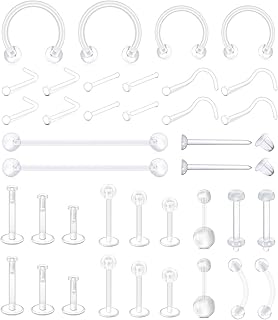 Mayhoop 38pcs Clear Piercing Retainers for Surgery Bioflex Nose Rings Belly Rings Septum Eyebrow Lip Cartilage Tragus Earring Retainer Industrial Bar Plastic Piercing Jewelry for Work