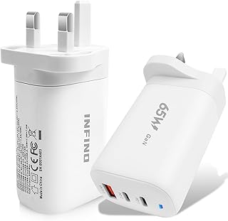 شاحن حائط ثلاثي المنافذ USB C بقدرة 65 واط من انفينو® - مزدوج USB-C PD 45 + 20 ومحول نوع ايه للشحن السريع متوافق ايفون وجالكسي وبيكسل وسامسونج وهواوي وايباد وايربودز والتابلت، أبيض