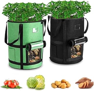 Azonee Grow Bags with Window to Harvest Potato Grow Bags with Flap and Handles Thickened Fabric Pots Large Grow Bags Tomato Vegetables Grow Bags with Harvest Window 7 Gallon 2 Pack