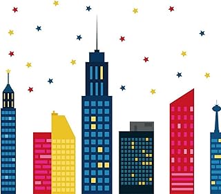 Tazweeq Colorful City Skyline Wall Stickers, City Skyline Backdrop Hero Party Decoration City Skyline, Building Silhouettes Stars Wall Decals for Bedroom Baby Nursery Living Room Kids Decor