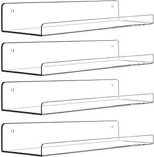 سيربورت رف حائط عائم من الاكريليك، رف كتب يثبت على الحائط لغرف الاطفال والحضانة، رف توابل غير مرئي، رفوف تخزين شفافة للحمام، رف كتب اكريليك غير مرئي 15 انش، مجموعة من 4 قطع