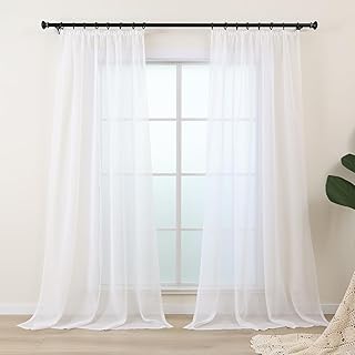 L.Z.E Curtains White with Ruffle Tape for Living Room, Transparent Curtain White for Rail System, Modern Curtain for Bedroom Window, Set of 2 Transparent Curtain 225 cm Long