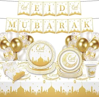 بوكس اند تري | زينة ادوات مائدة للاستعمال مرة واحدة بعبارة Eid Mubarak - 52 قطعة - 10 اطباق كبيرة، 10 اطباق متوسطة، 10 مناديل، 10 اكواب، 10 بالونات ديكور، لافتة واحدة ومفرش طاولة، للعيد مبارك