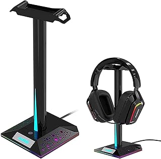 حامل سماعة الاذن للالعاب RGB من ارابيست مع مدخل AUX 3.5 ملم و2 منفذ USB تحكم باللمس 10 اوضاع اضاءة للاعبين الذين يستخدمون الكمبيوتر ملحقات جهاز المكتبي (اسود) معدن