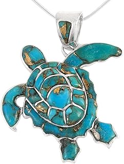 Turquoise Network Turtle Pendant Necklace in Sterling Silver 925 & Genuine Gemstones