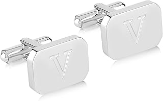 18K White-Gold Plated Initial Engraved Stainless Steel Mens Cufflinks With Gift Box -Personalized Alphabet Letters A-Z By Lux & Pair