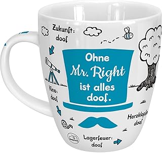 شيبوورلد مج "Ohne Mr Right ist alles doof"، بورسلين، 45 سنتيلتر، كوب للقهوة والشاي، كوب مع عبارة، الزفاف، 46511