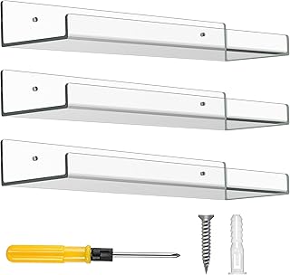 ارفف اكريليك للحائط من اكراديك، مجموعة من 3 قطع، 15 انش × 4 انش - ارفف شفافة واسعة مع مجموعة تركيب - ارفف سهلة التركيب ومتعددة الاستخدامات ومتينة - ارفف فانكو بوب مثالية للديكور والتخزين، ملمع