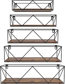 هورليمر ارفف خشبية للحائط، مجموعة من 5 قطع، رف حائط عائم مع قضبان، ارفف ريفية مثبتة على الحائط لغرفة النوم والمطبخ والحمام وغرفة المعيشة، خشب مُصنع، مغلف، أسود
