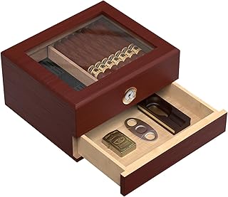 Cigar Humidor Case with Mechanical Hygrometer, Cigar Humidor Glass Top Cigar Case Humidifiers, Humidor Box Cigar Cases for Men Cigar Gifts Desktop Humidors Cigars hold 25-50 Counts,