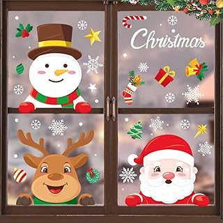 Christmas Window Stickers,Geli-King 5 Sheets Christmas Window Clings Snowman Santa Claus Reindeer Stickers for Christmas Home Window Decor