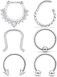 6-16PCS 16G Stainless Steel Hinged Seamless Septum Hoop Nose Ring Horseshoe Rings Cartilage Daith Tragus Clicker Retainer Body Piercing Jewelry Clear CZ