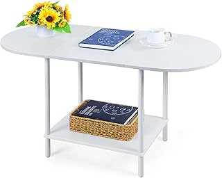 CADUKE White Coffee Table with 2-Tier Storage Shelf, Industrial Living Room Table with Metal Frame, Simple Center Table for Living Room and Office