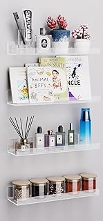 Albumgit 4 Pack Acrylic Shelves for Wall Storage, Self-Adhesive 15" Clear Floating Shelf for Pop Figures, Picture, Perfume, Books, Wall Shelf Organizer for Bathroom, Living Room, Bedroom, Kitchen