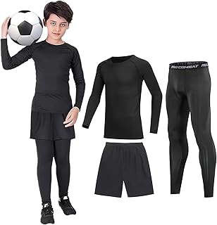 Kids Base Layer - 3 PCS Athletic Kids Thermal Long Sleeve Top and Leggings and Shorts Compression Set for Sport Football Basketball Ski Black