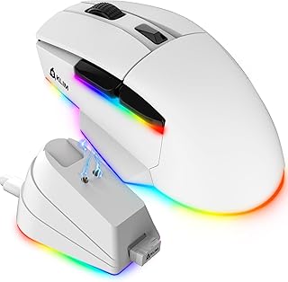 كليم ماوس العاب لاسلكي بليز اكس بالفضاء اللوني RGB قابل لاعادة الشحن مع قاعدة شحن وبطارية تدوم طويلا حتى 12000 نقطة لكل بوصة + سلكي ولاسلكي للكمبيوتر وبلاي ستيشن 5 4 وماك + ابيض