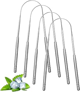 مكشطة لسان من 4 قطع، منظفات لسان من الستانلس ستيل، مكشطة لسان للبالغين والاطفال، تقلل من رائحة الفم الكريهة ونفس منعش (فضي)