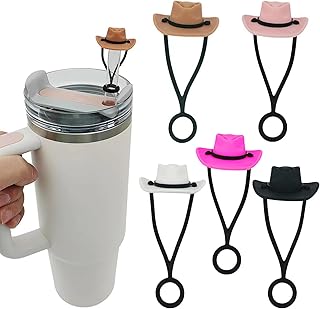 5-Pack Cowboy Hat Straw Covers - Cowboy Silicone Toppers for 7-10mm Straws, Reusable Dust-Proof Sippy Tips Cover Cups, Cowboy Hat Straw Topper Decorative Caps for Stanley Cup (5 Colors)