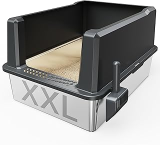 صندوق فضلات القطط من الستانلس ستيل مقاس XXL 28×20.5×14 انش، صندوق فضلات معدني بجوانب عالية للقطط الكبيرة والقطط المتعددة، صندوق فضلات جامبو بغطاء سهل التنظيف، بدون رائحة، مضاد لتسرب البول، غير لاصق