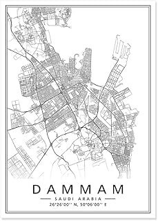 جيني لوحة فنية جدارية مطبوعة على القماش بخريطة مدينة المملكة العربية السعودية من دامام، لوحة فنية عصرية باللونين الابيض والاسود، هدية تذكارية لديكور المنزل لغرفة المعيشة وغرفة النوم، 90 × 130 سم بدون